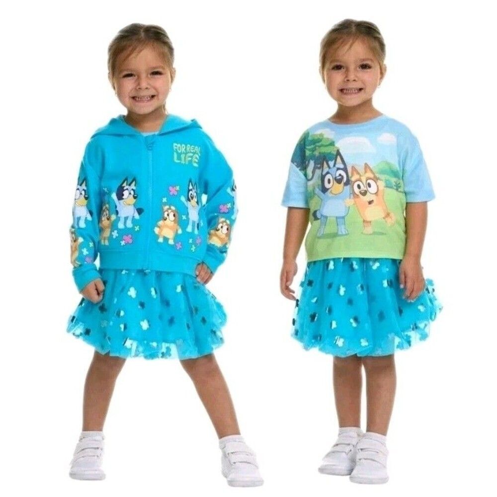 Bluey 3pc Tutu Set Embroidered Full Zip Hoodie + Tee + Foiled Tutu Skirt